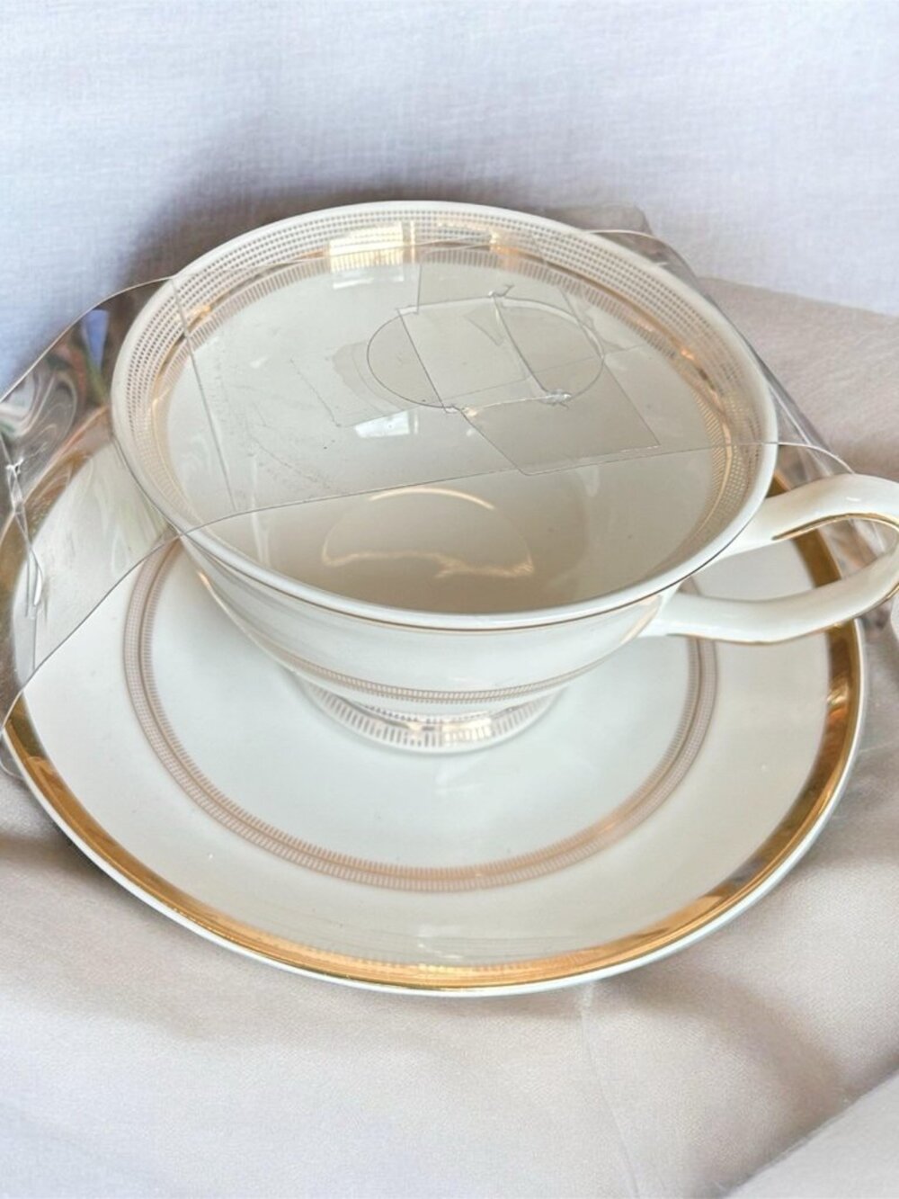 GRACE TEAWARE Teacup & Saucer White W GOLD STRIPES Cup Porcelain NEW